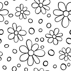 Vector simple primitive floral seamless pattern. Cute endless print with flowers drawn by hand. Sketch, doodle, scribble