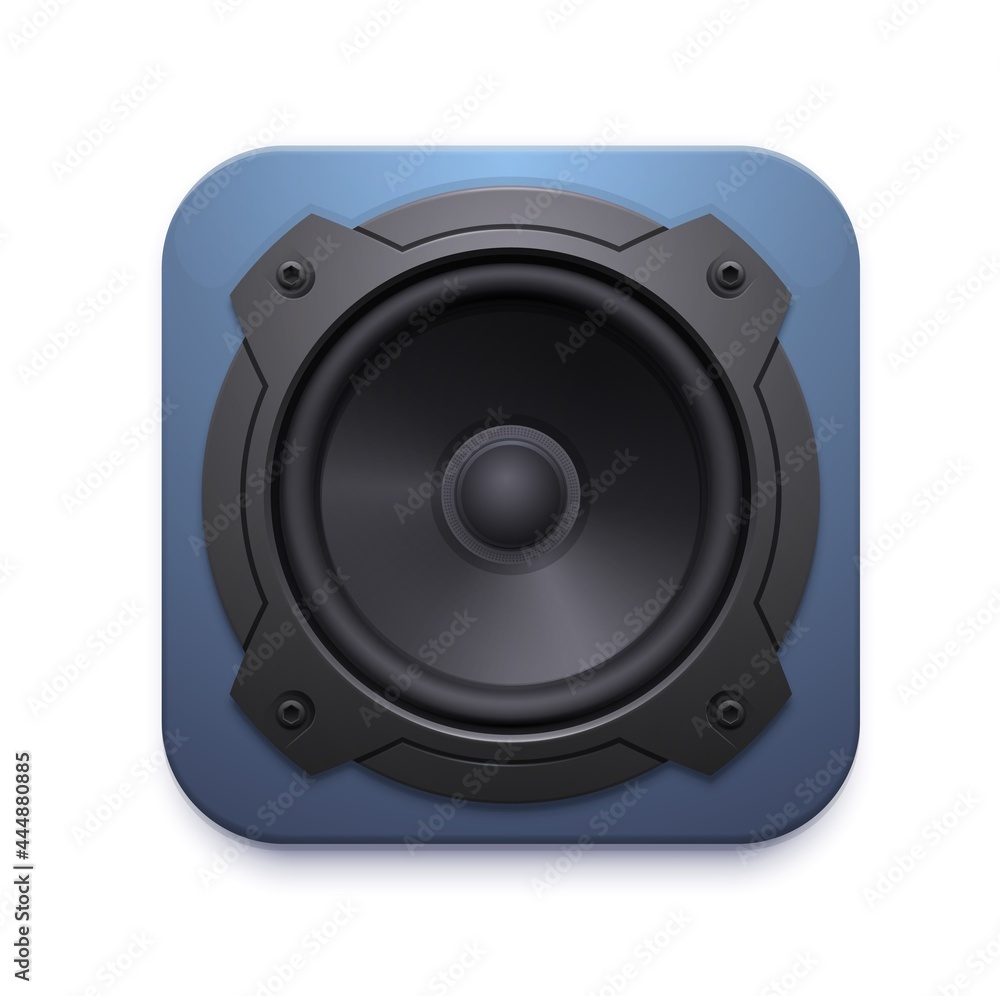 Poster Sound speaker icon, audio music stereo system vector 3d sign isolated on white background. Design element for mobile application or website, ui graphic, volume button for audio player app