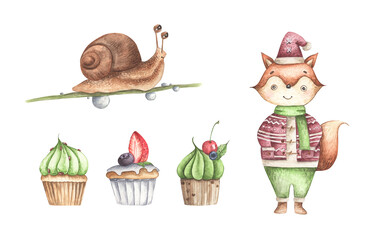 Fototapeta premium Cute fox with cupcakes and snail. Cute character. Watercolor for children's party decoration, cake toppers, postcards.