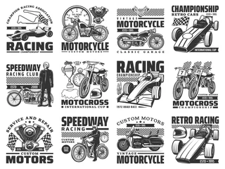 Zelfklevend Fotobehang Motor sport racing, vintage motobike service icons set. Motorcycle racer, vintage chopper and motocross bike, formula one retro and modern car, engine pistons, checkered flag and champion cup vector © Vector Tradition