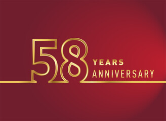 58th years anniversary logotype, gold colored isolated with red background, vector design for celebration, invitation card, and greeting card