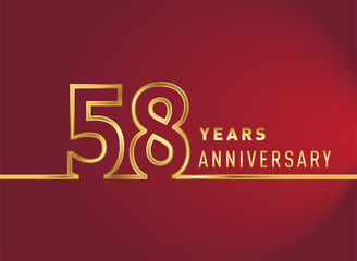 58th years anniversary logotype, gold colored isolated with red background, vector design for celebration, invitation card, and greeting card