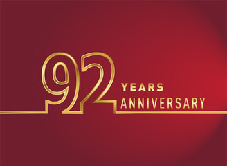 92nd years anniversary logotype, gold colored isolated with red background, vector design for celebration, invitation card, and greeting card