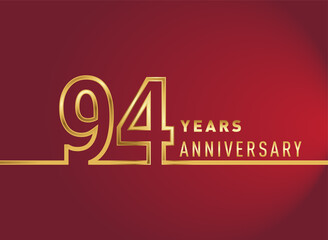 94th years anniversary logotype, gold colored isolated with red background, vector design for celebration, invitation card, and greeting card