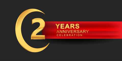 2nd anniversary design logotype golden color with ring and red ribbon for anniversary celebration - obrazy, fototapety, plakaty