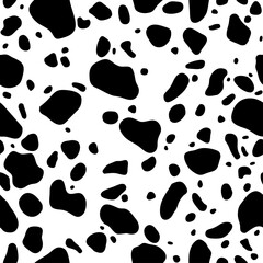 Seamless pattern. Cow or dalmatian. Spots. Black and white.  Animal print, texture. Vector background.
