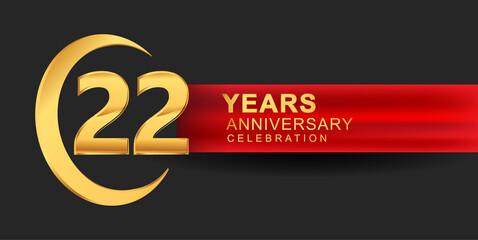 22nd anniversary design logotype golden color with ring and red ribbon for anniversary celebration