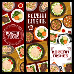 Korean cuisine restaurant dishes posters. Seafood and pork tofu, kimchi soups, vegetable stuffed squid, scallop salad and grilled beef bulgogi, fried shrimp with spinach vector. Korean food banner