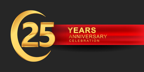 25th anniversary design logotype golden color with ring and red ribbon for anniversary celebration