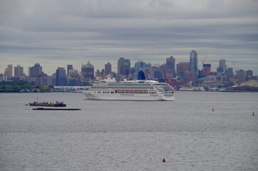 P and O cruiseship cruise ship liner Aurora sailing into port of New York City with Verrazano...