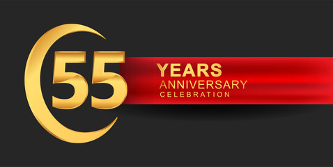 55th anniversary design logotype golden color with ring and red ribbon for anniversary celebration