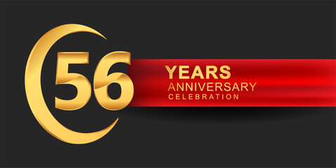 56th anniversary design logotype golden color with ring and red ribbon for anniversary celebration