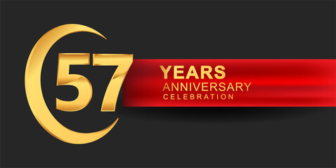 57th anniversary design logotype golden color with ring and red ribbon for anniversary celebration