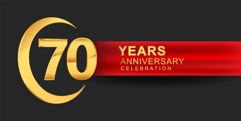 70th anniversary design logotype golden color with ring and red ribbon for anniversary celebration