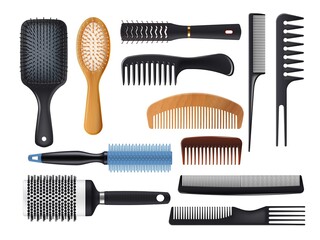 Hairbrushes and combs realistic vector set. Isolated hair brushes, barber and hairdresser tools. Plastic, metal and wooden hair care or hairstyle salon accessories, 3d paddle and round hairbrushes - obrazy, fototapety, plakaty