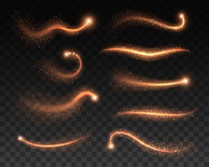 Golden stardust and glitters on transparent background. Vector magic sparkling dust of gold star trails, glowing waves of shining confetti and sparks, Christmas light effect, wave of the magic wand