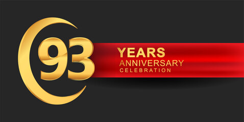 93rd anniversary design logotype golden color with ring and red ribbon for anniversary celebration