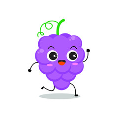 Vector illustration of grape character with cute expression, funny, run, grapes isolated on white background, simple minimal style, fresh fruit for mascot collection, emoticon