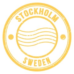 STOCKHOLM - SWEDEN, words written on yellow postal stamp