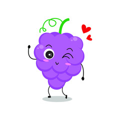 Vector illustration of grape character with cute expression, lovely wink, greeting, grapes isolated on white background, simple minimal style, fresh fruit for mascot collection, emoticon