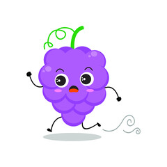 Vector illustration of grape character with cute expression, panic run, funny, grapes isolated on white background, simple minimal style, fresh fruit for mascot collection, emoticon