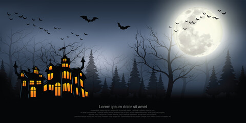 Castle, haunted house and ghost hands, tomb on full moon night. illustrator Vector Eps 10.