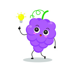 Vector illustration of grape character with cute expression, smart, get an idea, grapes isolated on white background, simple minimal style, fresh fruit for mascot collection, emoticon