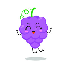 Vector illustration of grape character with cute expression, jump, happy, funny, grapes isolated on white background, simple minimal style, fresh fruit for mascot collection, emoticon