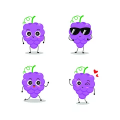 Fotobehang Vector illustration of grape character with various cute expression, funny, adorable grapes isolated on white background, simple minimal style, fresh fruit for mascot collection, emoticon © L_Potopotooku