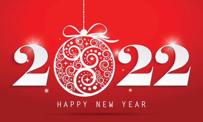 Fototapeta na wymiar Happy New Year 2022 with beautiful chrisma ball on red background. Illustration for brochure, postcard, invitation card.