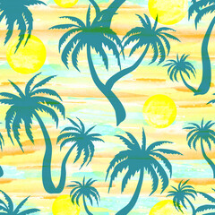 Fototapeta na wymiar Coconut palms and sun on a sunset background. Tropical seamless pattern. Summer beach print. Watercolor texture. 