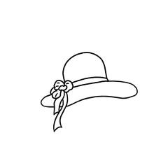 Sketch of a black line of a summer beach hat for women with large brims, with a ribbon, on a white background. For leaflets, postcards, posters, advertising, presentations