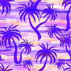 Fototapeta na wymiar Purple sunset in the tropics, silhouettes of coconut trees. Tropical seamless pattern. Summer beach print. Watercolor texture.