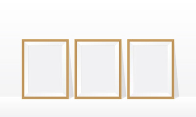 Three wood frame on the floor white wall 3d mockup illustration