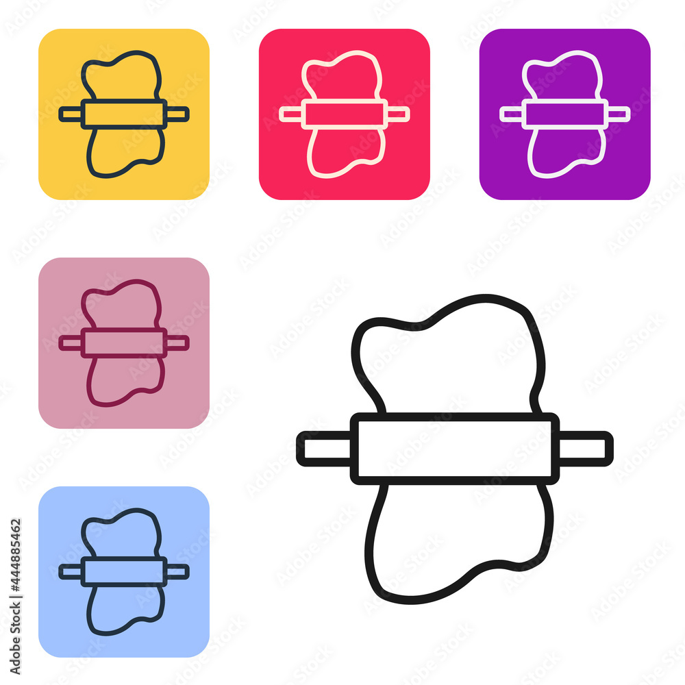 Poster black line rolling pin on dough icon isolated on white background. set icons in color square buttons