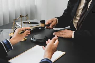 lawyer consulting concept, Businessman and Male lawyer or judge consult having team meeting with client, Law and Legal services concept.
