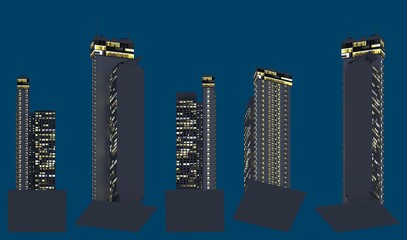 hi-tech fictional skyscrapers at night with lights on, isolated bottom view downtown business concept - 3d illustration of skyscrapers