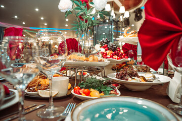 festive table in the restaurant with delicious dishes