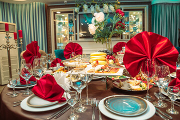 festive table in the restaurant with delicious dishes