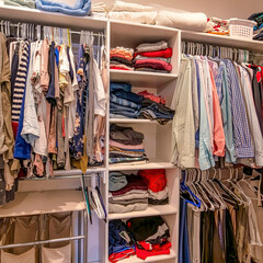Square Man and woman clothes in a shared walk in closet with shelves and hanging rods