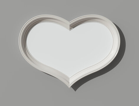 Frame on painted wall. Heart. Stylization. 3D render romantic wooden frame mock up. Empty interior. Blank. Congratulations. Greeting. Cards. 3D illustration. 3D design interior. Template for business.