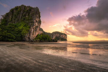 The beautiful scenery of the Rajamangala beach at sunset time with twilight sky at Trang province, Thailand.