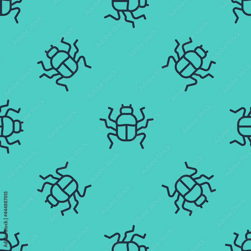 Poster black line beetle bug icon isolated seamless pattern on green background. vector