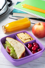 Delicious healthy sandwich in a lunch box, cookies and cherries. Take lunch with you to school or the office. Juice in a bottle and an apple.