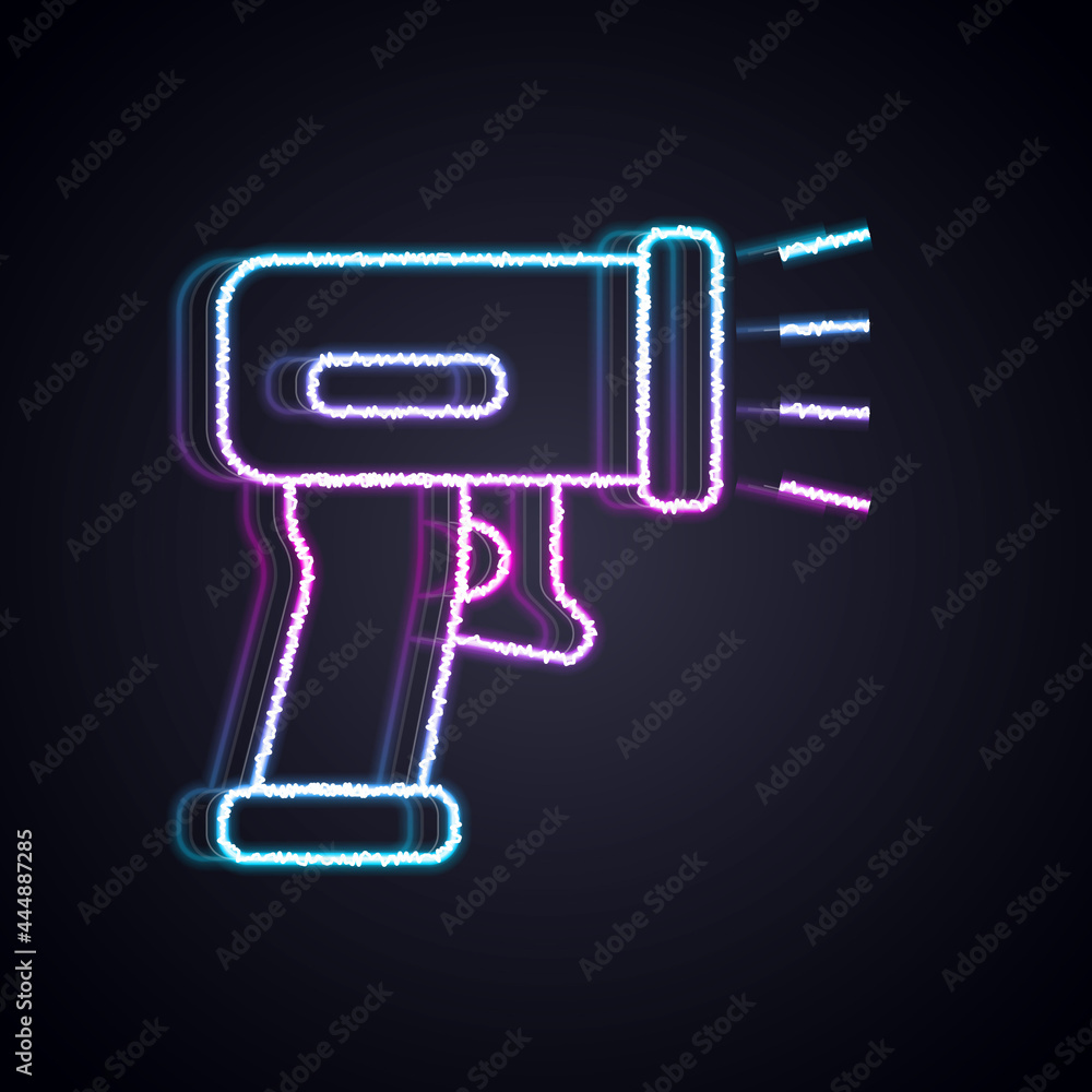 Poster glowing neon line scanner scanning bar code icon isolated on black background. barcode label sticker