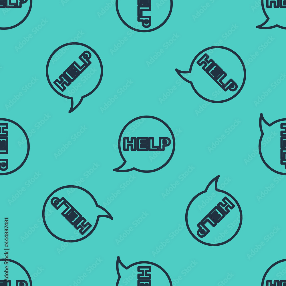 Poster black line speech bubble with text help icon isolated seamless pattern on green background. vector
