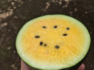 Fresh yellow watermelon slice in, juicy delicious round watermelon with yellow core