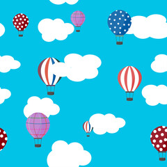 Balloons and white clouds in the sky background. Seamless pattern, decorating, wallpaper, fabric, backdrop, beautiful gift wrapping paper. vector illustration