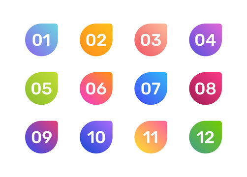 Colorful bullet point collection with number from 1 to 12 vector icon set.