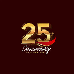 25th years anniversary celebration logotype. Anniversary logo with red feather and golden color isolated on elegant background, vector design for celebration, invitation card, and greeting card